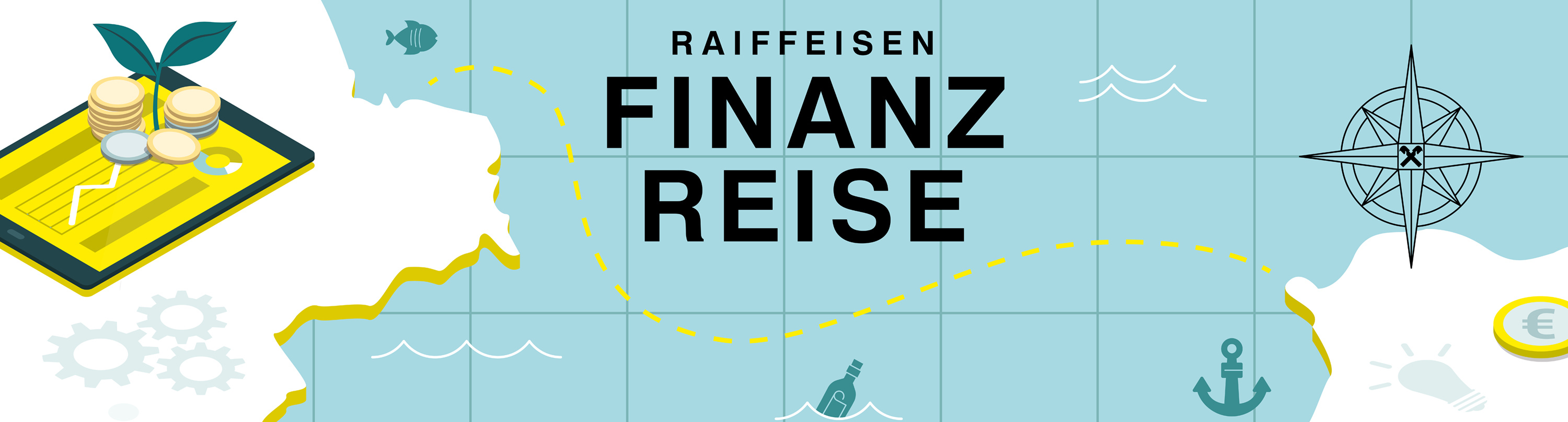Illustration der Raiffeisen Finanzreise mit Schatzkarte, Tablet mit Münzen, Kompass und Finanzsymbolen.